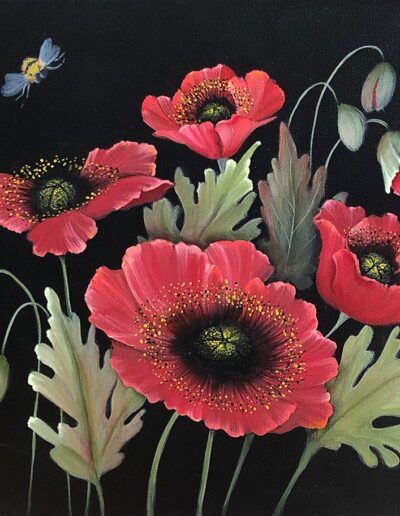 Poppies with bee by Sharon Wolf.
