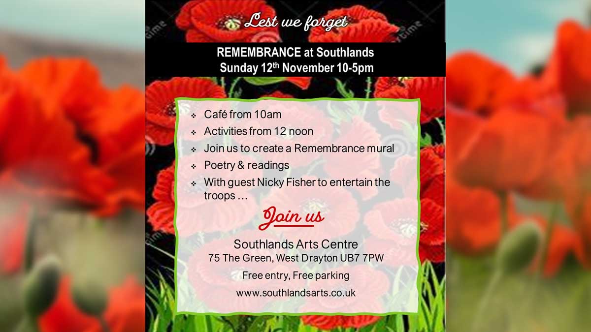 Remembrance Sunday Event - Café from 10am. Activities from 12 noon. Join us to create a Remembrance mural. Poetry & readings. With guest Nicky Fisher to entertain the troops.