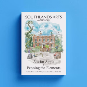 Book with watercolour cover of southland arts centre with text: Southlands Arts Anthology: A is for Apple & Penning the Elements